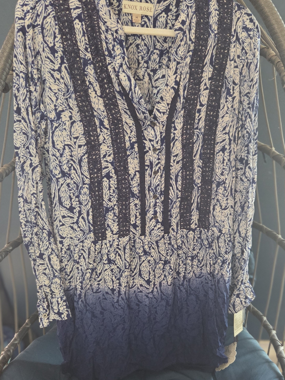 Knox Rose Navy and White Printed Tunic with Crochet Detail